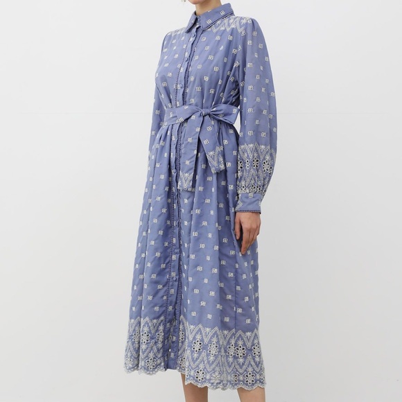 TIE-WAIST EYELET EMBROIDERED COTTON SHIRT DRESS IN BLUE - Picture 1 of 12